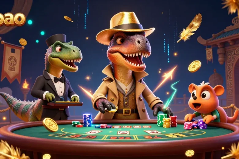 zaobao showcases a velociraptor card counter at a blackjack table, with a stegosaurus pit boss and a compy thief in a vibrant casino