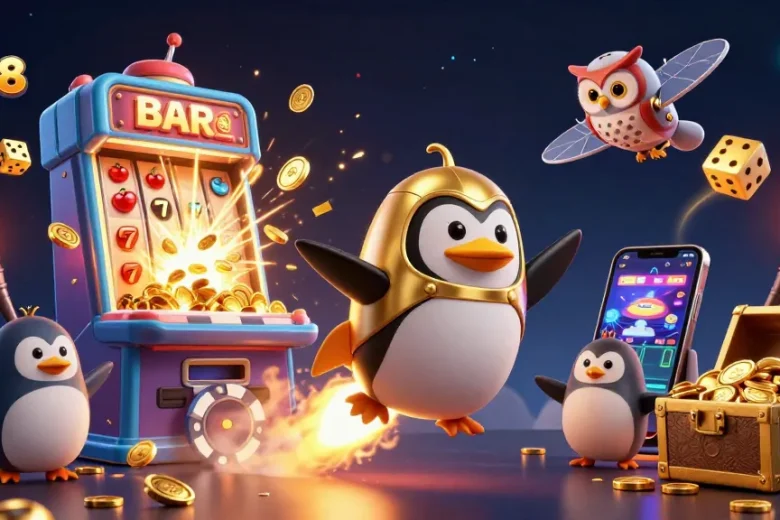 Experience the excitement with the link Sin88 as a golden penguin zooms toward a jackpot bursting with casino treasures.