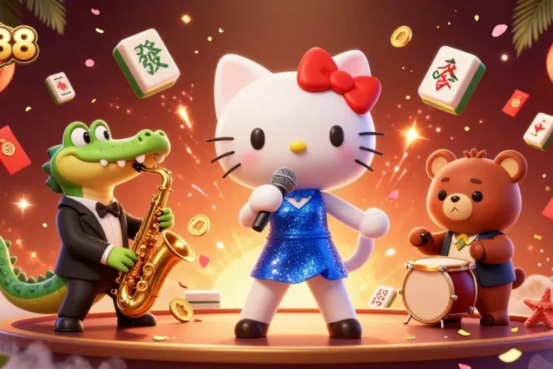 Experience the thrill of RR88 with lively characters singing and playing amidst a vibrant casino environment.