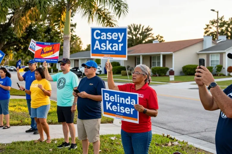 Grassroots political campaign scene featuring Casey Askar volunteers engaging with local community members in Florida.