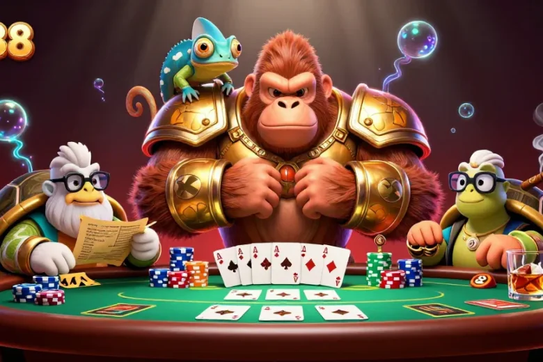 Engage in high-stakes poker at gg88 with a powerful gorilla king and colorful chameleon beside a casino table.