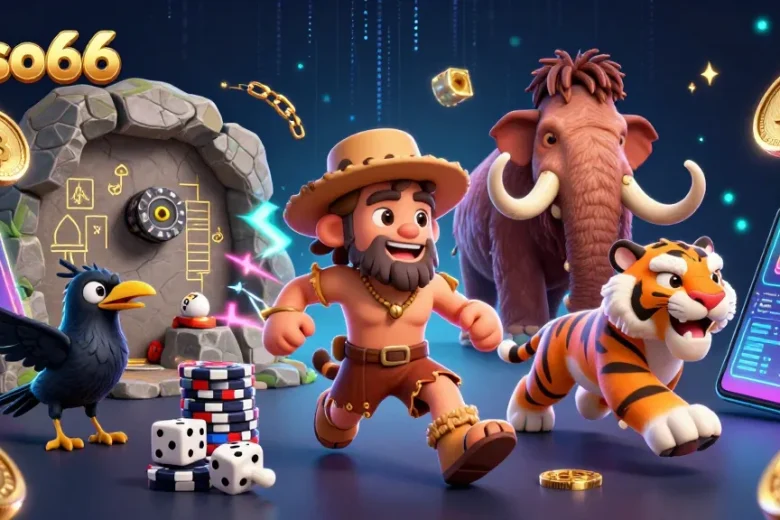 Experience the exhilarating gaming of xoso66 with a lively prehistoric casino scene featuring dynamic characters.