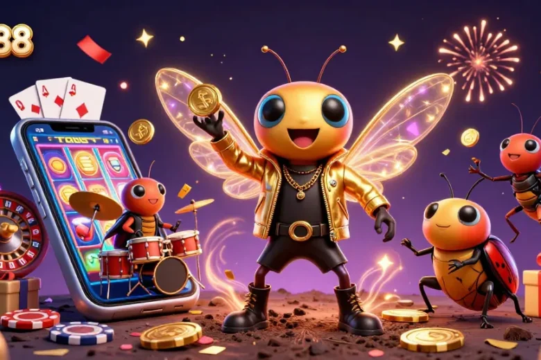 Engage with red88's vibrant casino gaming scene, showcasing a rock star cicada and lively game elements.