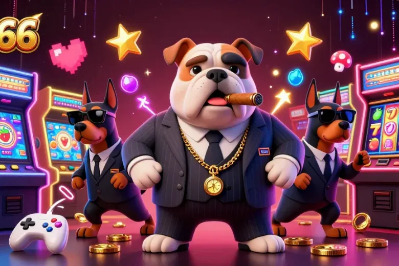 S666 gaming scene with a mafia bulldog and Doberman bodyguards enjoying colorful slot games.
